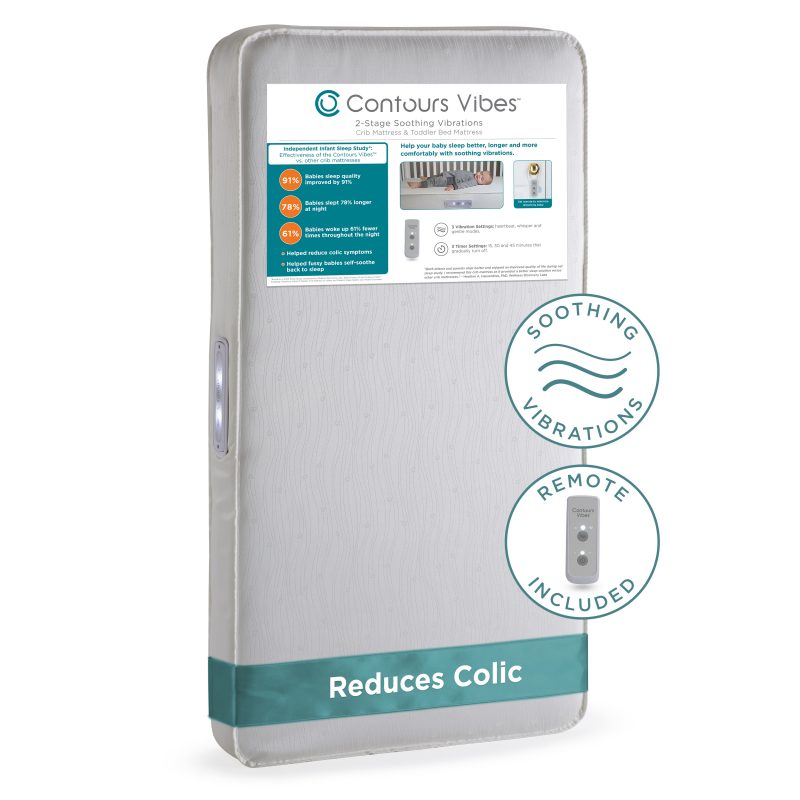 Contours Vibes 2-Stage Soothing Vibrations Crib Mattress 201 coil cotton cover remote control GREENGUARD Gold Mom's Choice Award sleep study approved