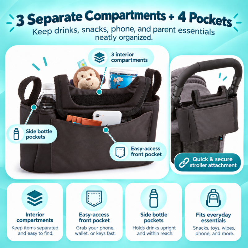 Contours Baby Universal Stroller Organizer - Black Image 8