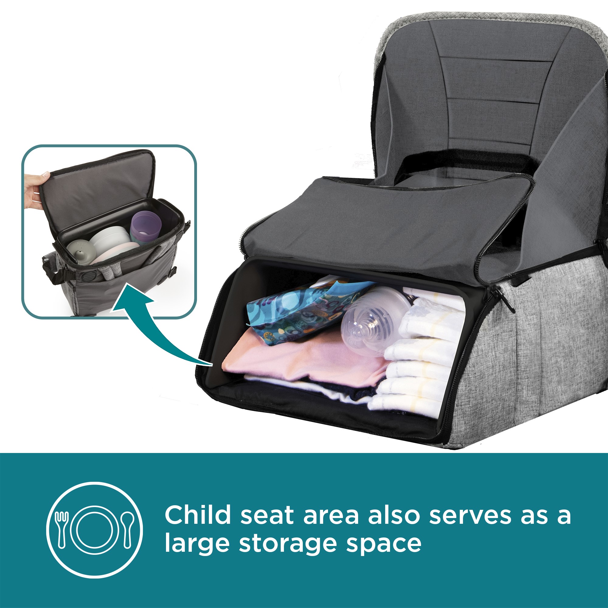 Large storage space child seat area