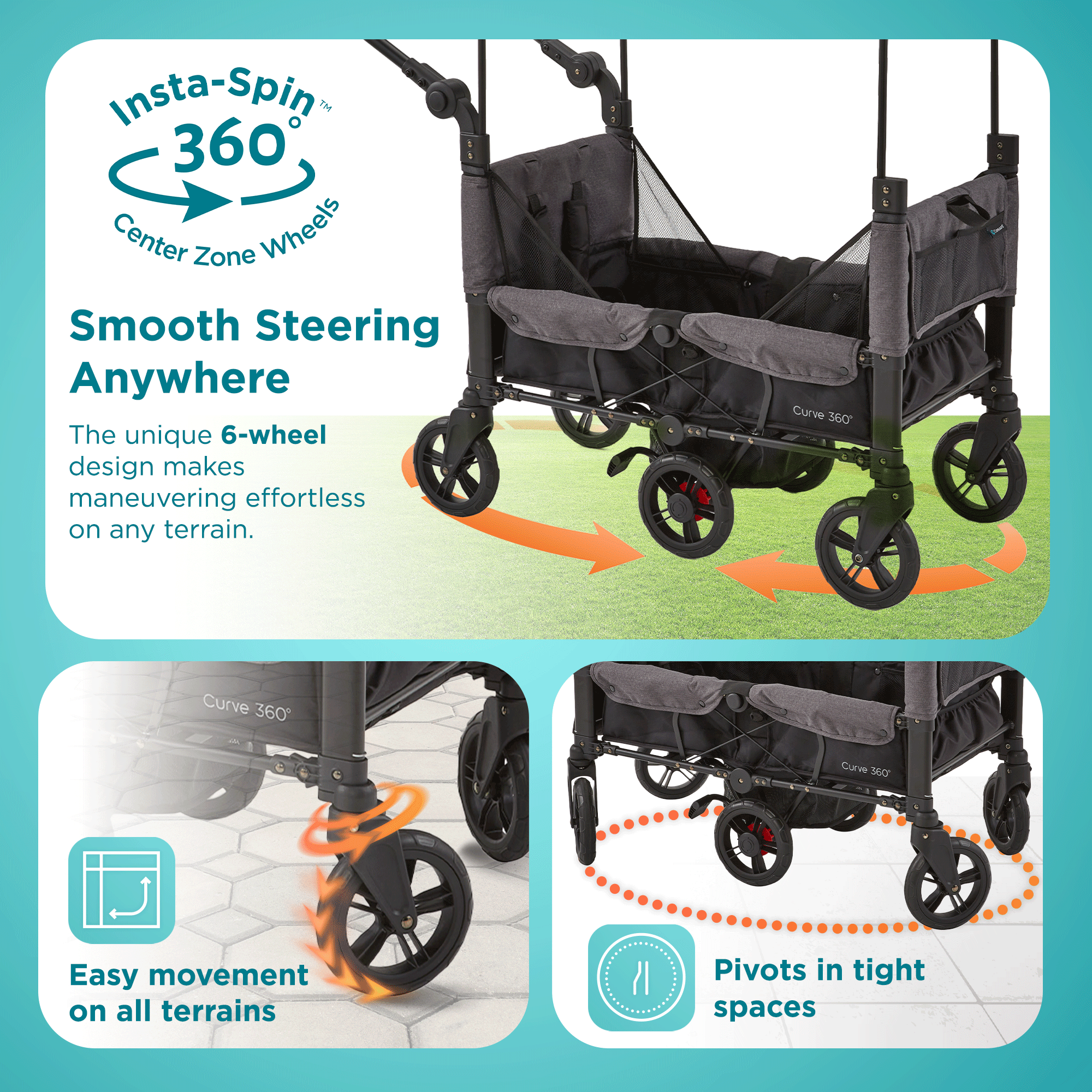 Contours Curve 360 Stroller Wagon: Zero-Turn 2-Kid Wagon with Infant Car Seat Compatibility - Black Image 6