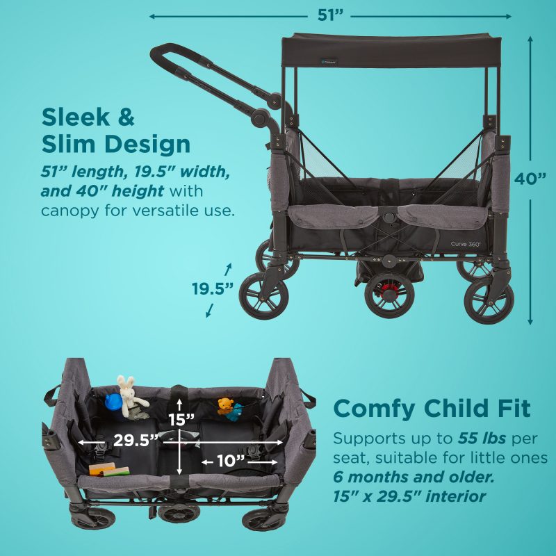 Contours Curve 360 Stroller Wagon: Zero-Turn 2-Kid Wagon with Infant Car Seat Compatibility - Black Image 7